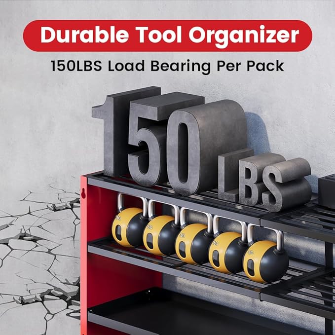 4 Layers Power Tool Organizer Wall Mount with Power Strip, Heavy Duty Metal Shelf, 400lbs Capacity for Cordless Drills, Batteries & Garage Storage (8 Slots with 8 Outlets Power Strip)