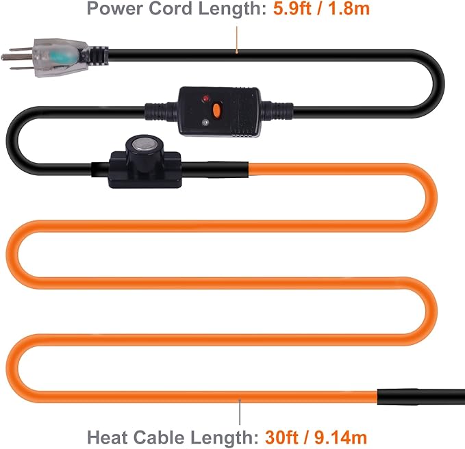30FT Heat Tape for Water Pipes Freeze Protection IP65 Waterproof 7W/FT 110V BDDFOTO Heat Cable with GFCI Protection and Thermostat,Self-Regulating Pipe Heater for Roof/RV/Water Storage Tank