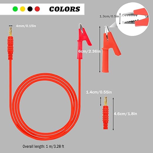 Multimeter Banana Plug to Crocodile Alligator Clip Test Probe, 4PCS 4mm Banana Plug to Alligator Clip Test Probe Lead Wire Cable，for Alligator Clip Test Probe Cable for multimeter3.28ft(X-Y 16A 4S).