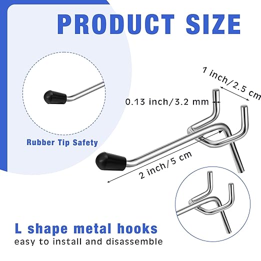 Tatuo 200 Pcs Pegboard Hooks Galvanized Metal Pegs with Rubber Tip Fit 1/4" 1/8" for Garage Store Wall Tool Organization Display(2 Inch)
