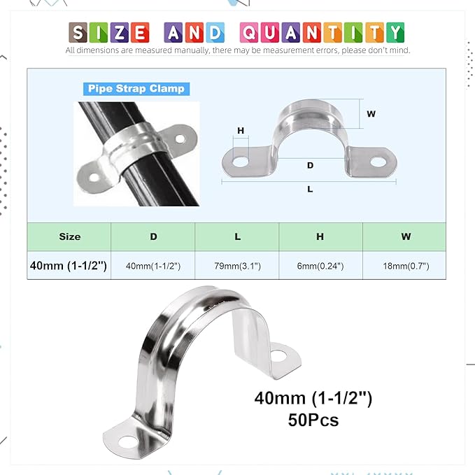 Glarks 50Pcs M8 Pipe Strap Clamp, 304 Stainless Steel 2 Hole Strap Heavy Duty Rigid Pipe Strap U Bracket Tube Strap Cable Clamp Hanger Tension Tube Clip for Pipe Tube Cable Fixing (40mm (1-1/2"))
