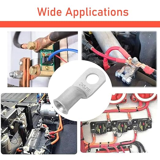 Heavy Duty Tinned Battery Ring Terminals, 2 AWG 5/16" Stud (25 pcs.), 2 Gauge Copper Connectors, Tubular Ring Terminals