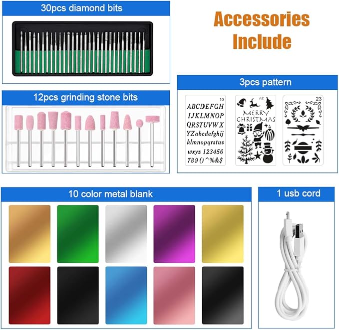 USB Engraving Pen with 47 bits,10Metal Business Card Blanks,Electric Engraver Machine Cordless Engraving Tools Engraved Jewelry Metal Resin Plastic Stone
