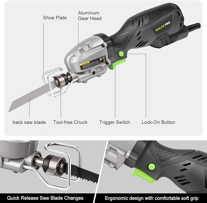 GALAX PRO reciprocating saw, 5.0 Amp Variable Speed Corded Reciprocating Saw, 3000spm, stroke length ½ Maximum cutting capacity 4 ½”， Used for wood cutting and metal cutting