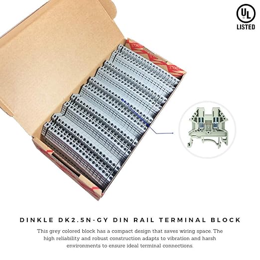 Dinkle Gray DK2.5N-S13109 DIN Rail Terminal Block Screw Type UL 600V 20A 12-22AWG, Pack of 100 Grey