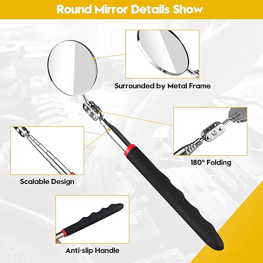 Telescoping Inspection Mirror, Flexible Retractable Automotive Extension Round Mirror 360 Rotation&Bendable Square Mirror, Extendable Mirror on a Stick with 4 Replaceable Mirror & 1 Storage Bag