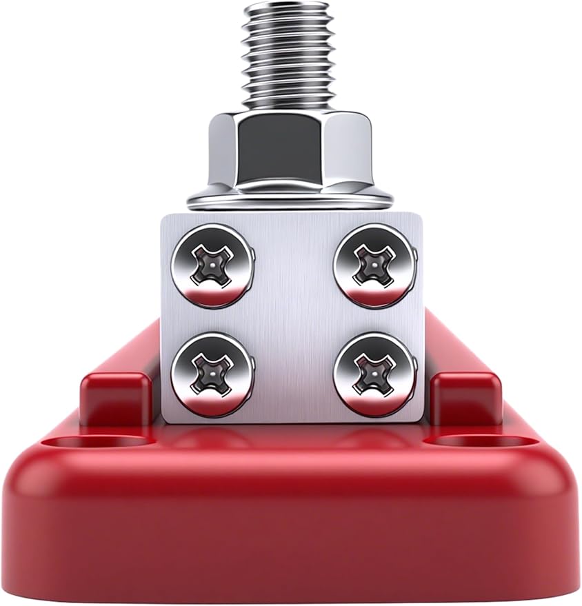 600A Heavy-Duty Bus Bar Nickel Plated Copper Distribution Terminal Block with Cover 4 M10 (3/8 in) Studs & 8 Screws Buss Bar for Solar RV Marine Car Audio 12-48V DC Battery System (Red)