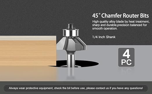 WSOOX 45 Degree Chamfer Router Bits with 1/4" shank 4PCS Bevel Edge Forming Router Bits (Cutting Diameter:1/4”, 5/16”, 3/8”, 1/2”)
