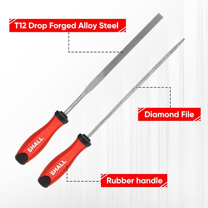 SHALL 17Pcs Metal File Set - Premium Grade T12 Drop Forged Alloy Steel - Flat/Triangle/Half-round/Round Large File & 12pcs Needle Files with Storage Box, Wire Brush - for Metal, Wood & Plastic