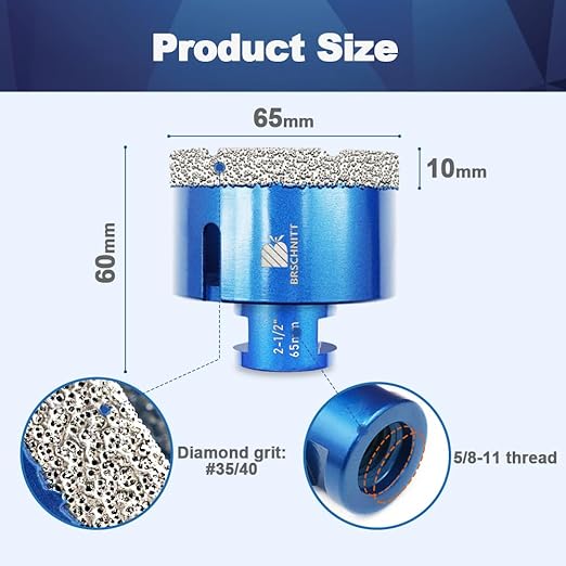2-1/2 Inch Diamond Core Drill Bit for Porcelain Tile Ceramic Marble Granite Drilling,BRSCHNITT 1pc Vacuum Brazed Diamond Hole Saw with 5/8-11 Thread (65mm)