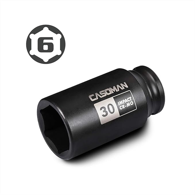 CASOMAN 1/2" Drive x 30 mm Deep 6 PT Impact Socket, CR-MO, 1/2-inch Drive 6 Point Axle Nut Socket for Easy Removal of Axle Shaft Nuts (30MM)