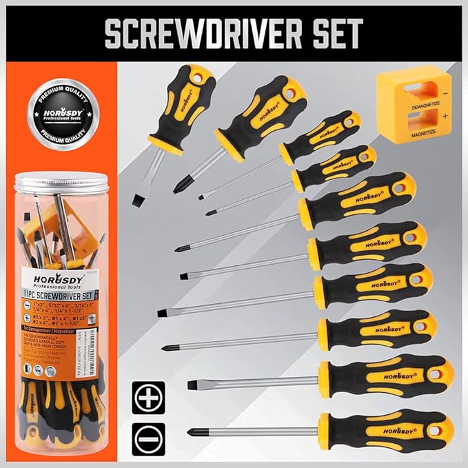 HORUSDY 11-Pieces Magnetic Screw driver, Magnetic 5 Phillips and 5 Flat Head Tips for Fastening and Loosening Seized