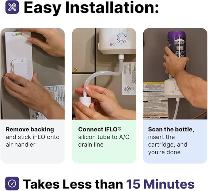 iFLO® Smart A/C Drain Line and Drain Pan Cleaner for HVAC System, Clog-Free, Easy Installation & App-Controlled Air Conditioner Maintenance, Includes 36oz Cleaner Cartridge, 3 Month Supply