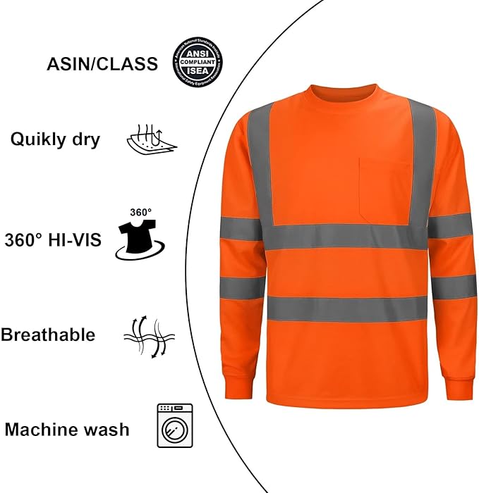 High Visibility Class 3 T Shirts，Hi Vis Safety Shirts with Reflective Strips and Pocket, Long Sleeve Quick Dry Mesh Construction Work Shirt for Men/Women Orange,Medium