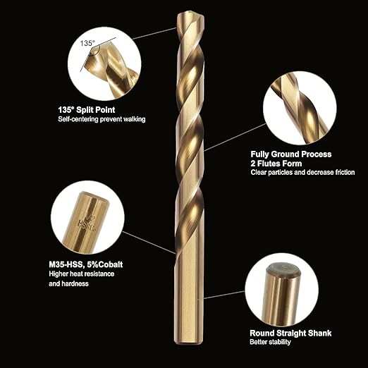 15Pcs Cobalt Drill Bit Set (1/16“-3/8”), M35 HSS, 135 Degree Tip, Twist Jobber Length for Hardened Metal, Stainless Steel, Cast Iron, Wood, and Plastics, with Index Storage Case