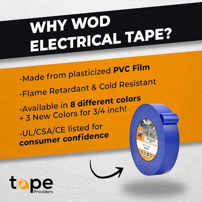 WOD ETC766 Professional Grade General Purpose Yellow Electrical Tape UL/CSA Listed core. Vinyl Rubber Adhesive Electrical Tape: 3 inch X 66 ft - Use at No More Than 600V & 176F (Pack of 10)