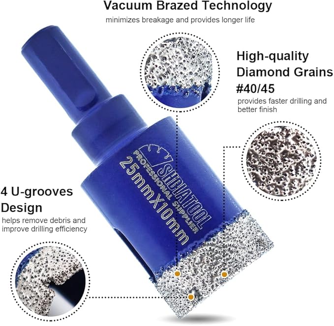 SHDIATOOL Diamond Drill Core Bits Set for Porcelain,Triangle Shank Hole Saw Cutter for Tile Marble Ceramic Granite 11pieces(6/8/10/20/25/28/32/35/45/65MM/2 inch)