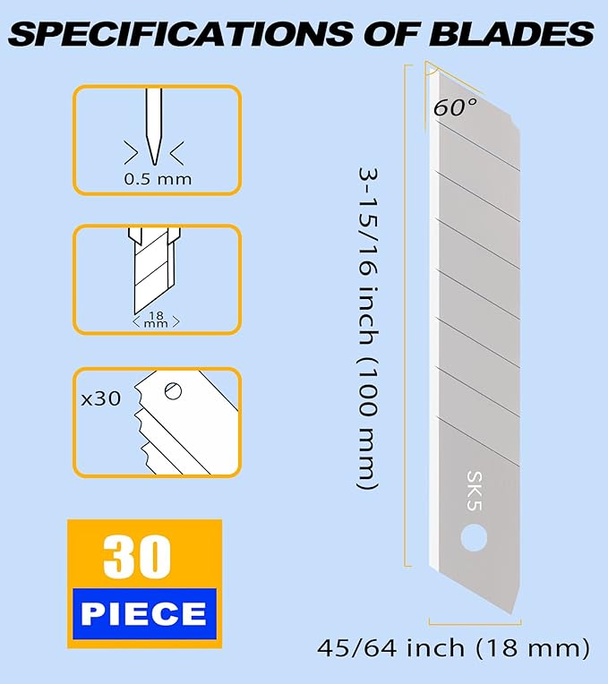 DOWELL 18mm Snap Off Blades SK5 Retractable Box Cutter Blades (30pc)