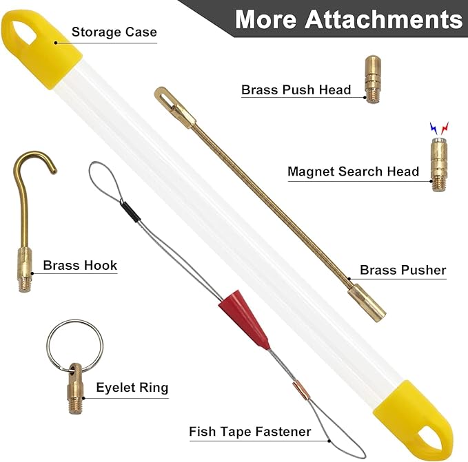 33' Fiberglass Running Electrical Wire Cable Pulling Fish Tape kit with 5 different attachments in a Carrying Case