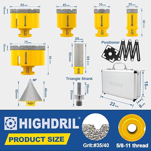 HIGHDRIL Multi Angle Measuring Ruler 5-Hole Drill Locator & Diamond Drill Bit Kit 5/8-11 for Porcelain Tile Ceramic Marble Brick Hole Saw(25/35/45/65/75mm+20mm Finger Bits+50mm Beveling Chamfer Bit)