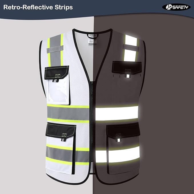 JKSafety Hi Vis Reflective Safety Vests for Men Women High Visibility Vest with Pockets Mesh Fabric Construction Safety Apparel Neon Vest for Work (220-White XL)