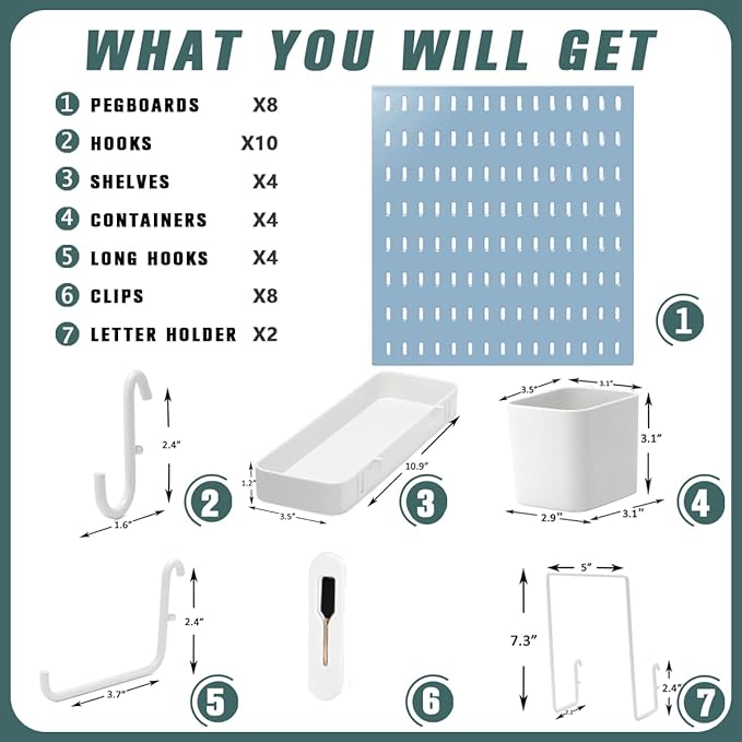 Pegboard Combination Kit, Wall Mounted Storage Set with 8 Pegboards & 32 Accessories Hanging, Blue Peg Boards Organizer for Walls Display, Crafts Organization, Kitchen Organizer, 22" x 44"