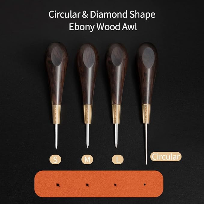 WUTA Leather Craft Diamond Awl Shape Stitching Awl Ebony Blackwood Handle Sewing Awl Kits Handmade Sewing Tools DIY Stitcher Taper,4mm 1pcs