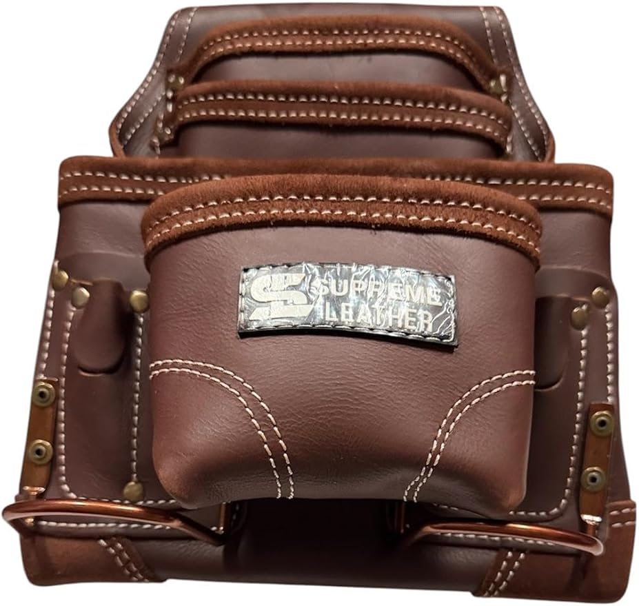 Supreme Leather Tool Pouch for Construction Carpenter Tool Bag Electrician's Pouch | 10 Pockets 2 Stainless Steel Hammer Holders Top Grain Leather Bag