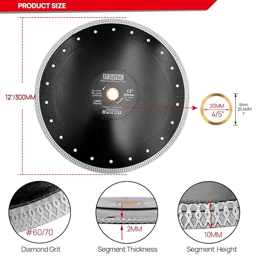 DT-DIATOOL Diamond Tile Blade 12 Inch Diamond Turbo X Mesh Rim Segement Circular Saw Blade for Procelain Ceramic Stoneware Marble Granite Fits 5/8"-7/8" Arbor