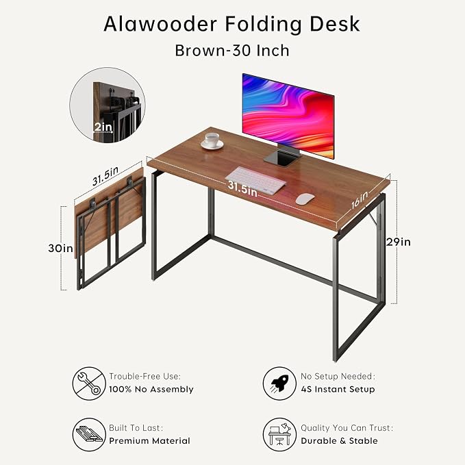 alawooder 31.5" Folding Desk: No Assembly, Wood Top - Image 6