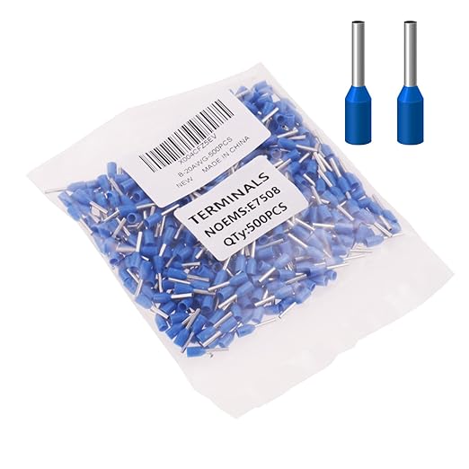 500PCS Wire Ferrule Terminals Connectors, AWG20/0.75mm² Blue Insulated Crimp Pin Terminals Nylon Copper Crimp Ferrules Wire Connector Sleeves for Electrical Projects/Chemical Industry, etc.