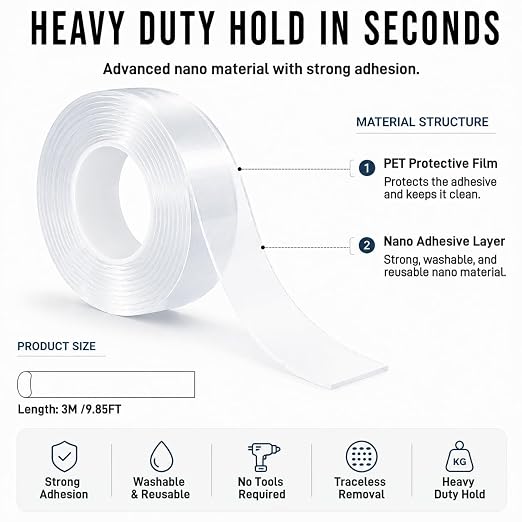 Nano Tape Double Sided Heavy Duty 1''×10Ft Removable Washable No Residue | - Image 2
