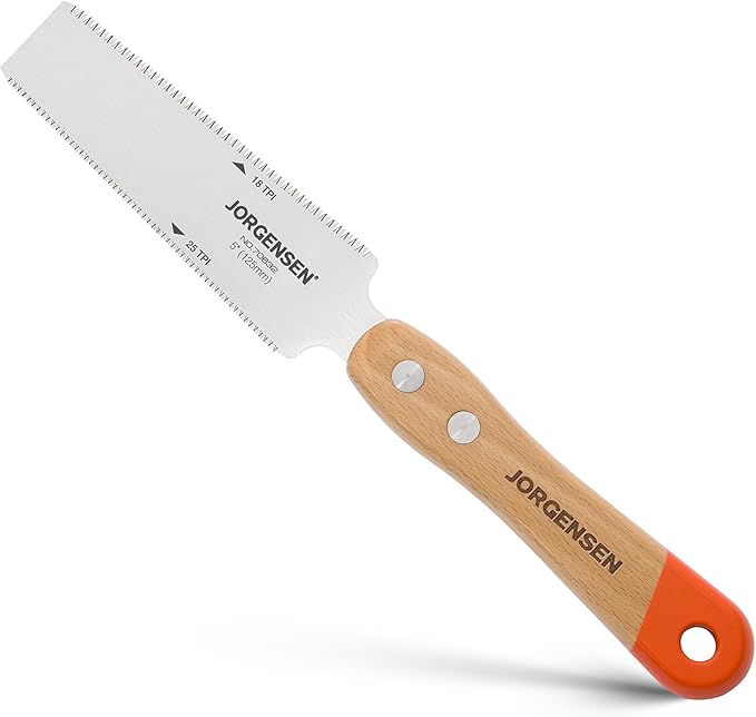 JORGENSEN Japanese Flush Cut Saw, 5 Inch Beech Handle Pull Saw, SK5 Flexible Double Edge Blade, 18/25 TPI Japanese Handsaw for Hardwood & Softwood Woodworking, Cutting, Trim Flush