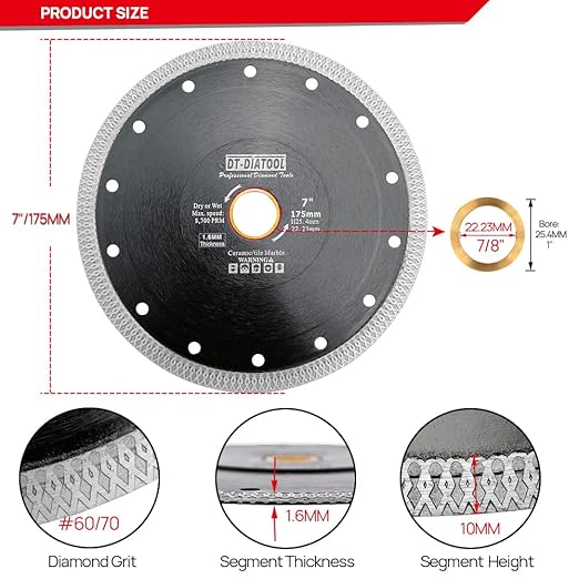DT-DIATOOL Diamond Tile Blade 7 Inch 2pcs Diamond Turbo X Mesh Rim Segement Circular Saw Blade for Procelain Ceramic Stoneware Marble Granite Fits 5/8"-7/8" Arbor