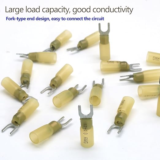 Hordion 100PCS 12-10 AWG Fork Connector, Yellow Heat Shrink Fork Terminals Waterproof and Insulated Electrical Crimp Connectors for Boat Truck Stereo