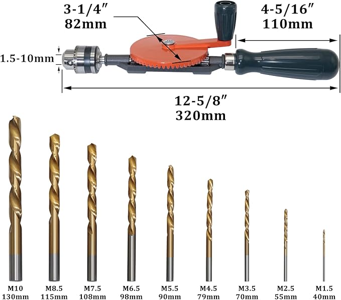 CheeMuii Powerful Speedy Hand Drill 3/8 Inch Manual Drill with 9 Pcs Drill Bit Set Chuck and Key for Wood Plastic Soft Metal