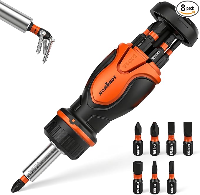 Magnetic Portable Screwdriver Bit Set: 8-in-1 Ratcheting Screw Driver Includes 1/4”Bit Driver Screwdrivers Holder, 7 Screwdriver Bits with Phillips, Slotted, Square, Hex, for Garage & Daily Repair