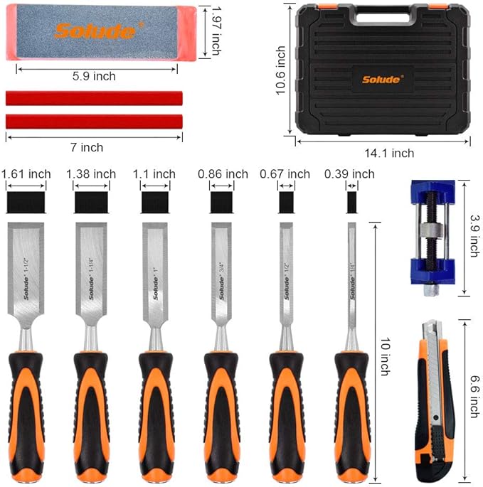 SOLUDE 11Pcs Wood Carving Chisel Set,Heated Treated Cr-V Woodworking Chisels Tool Kit with Sharpening Stone,Honing Guide,Carpenter Pencils