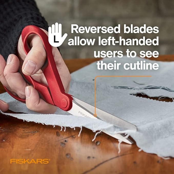 Fiskars All-Purpose Left-Handed Scissors - Ergonomically Contoured - 8" Stainless Steel - Paper and Fabric Scissors for Office, Arts, and Crafts - Red