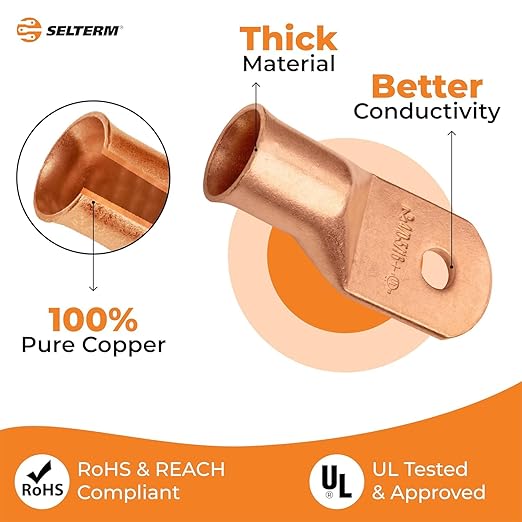 SELTERM 10pcs - 4/0 Awg (XL) 5/16" Stud - Battery Lugs - Ring Terminal Connectors with 12pcs 3:1 Black & Red Heat Shrink Tubing with Adhesive, Heavy Duty Battery Cable Ends - Bare Copper Wire Lugs Kit