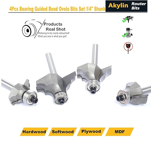 4Pcs Bearing Guided Bead Ovolo Bit Set,1/4" Shank Decorative Edge Bits with Double Round,Rounding Over Radius 3.2mm, 4mm, 5.5mm, 6.35mm, for Wood Profiling,Molding
