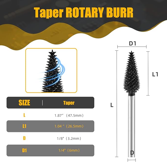 CAELUM 1 Pcs Taper Rotary Burr Kit, 1/8" Shaft, Very Coarse - Woodworking Attachment for Dremel, Foredom, DeWalt, Milwaukee Tools, Carving Burrs for Carving Engraving in Wood, Rubber, Plastic