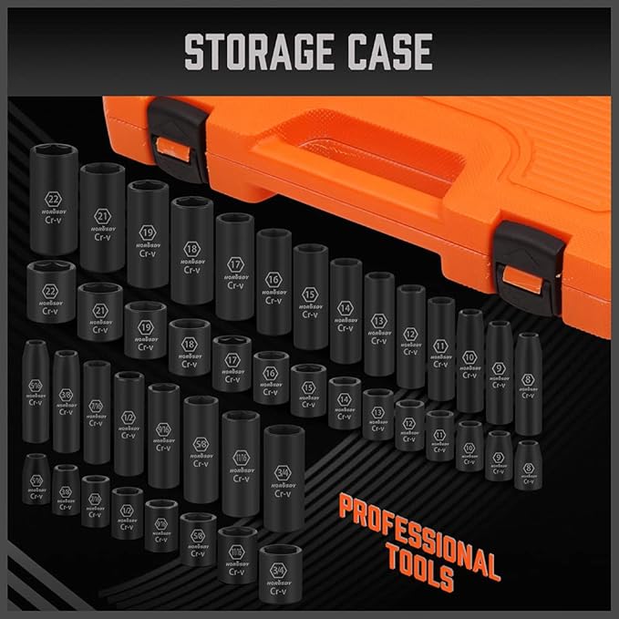 HORUSDY 3/8" Drive Impact Socket Set, 50-Piece Standard SAE (5/16 to 3/4 inch) and Metric (8-22mm) Size, 6 Point, Cr-V, 3/8-Inch Drive Ratchet Handle, Drive Extension Bar, Impact Universal Joint