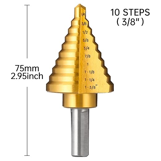 Titanium Step Drill Bit, 1/4" to 1-3/8" Step Bit for Metal, 10 Sizes HSS Step Drill Unibit