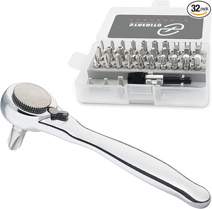 STREBITO Right Angle Screwdriver 32-Piece 1/4 Inch Mini Ratchet Set Low Profile Offset Bit Set with 72-Tooth Ratcheting Wrench Stubby Ratchet 90 Degree Screwdriver for Small Spaces