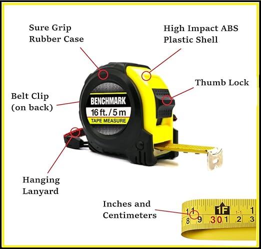 Benchmark - 4 Pack of 16ft Tape Measures - Retractable, Auto Lock, Metric and Imperial (feet and Centimeters), Tough Outer Shell Protection