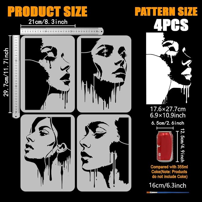 FINGERINSPIRE 4 Styles Woman Stencils 8.3x11.7 Inch Water Drop Woman Stencils - Image 2