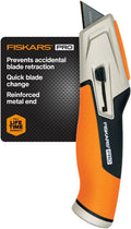 Fiskars Pro Retractable Utility Knife, Heavy Duty Box Cutter with CarbonMax Long-lasting Snap Blade, and Easy Hinge Open with Quick Blade Change and Storage, Orange/Black