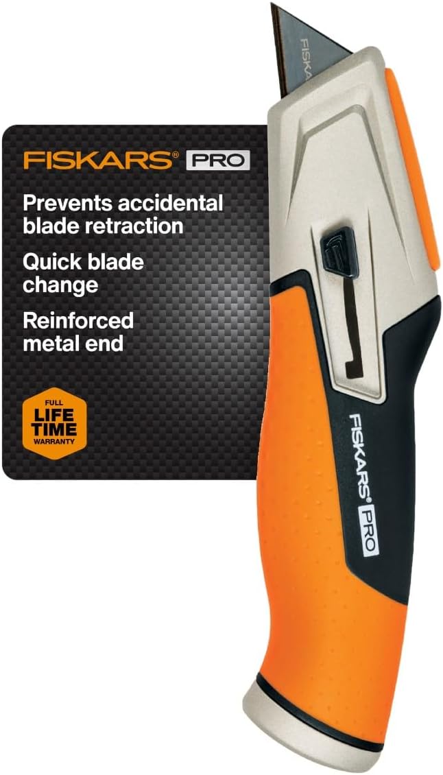Fiskars Pro Retractable Utility Knife, Heavy Duty Box Cutter with CarbonMax Long-lasting Snap Blade, and Easy Hinge Open with Quick Blade Change and Storage, Orange/Black