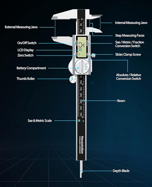 Digital Caliper 6 Inch, (ABS) Absolute Scale Caliper, IP54 Caliper Measuring Tool, Inch/MM/Fraction, Auto-Off LCD Stainless Steel Waterproof Micrometer Vernier Caliper, with Feeler Gauges
